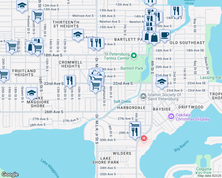 map of restaurants, bars, coffee shops, grocery stores, and more near 2221 8th Street South in St. Petersburg