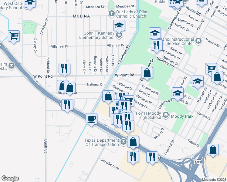 map of restaurants, bars, coffee shops, grocery stores, and more near 1426 Trojan Drive in Corpus Christi