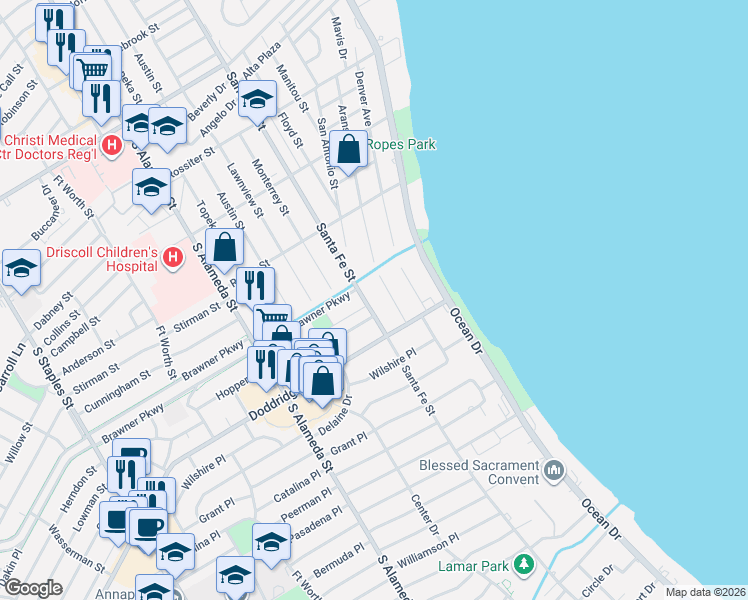 map of restaurants, bars, coffee shops, grocery stores, and more near 3718 Aransas Street in Corpus Christi