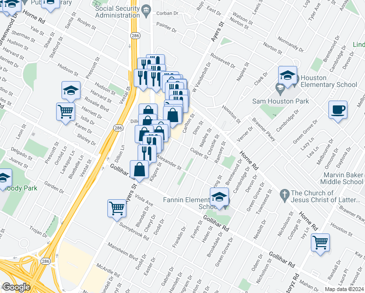 map of restaurants, bars, coffee shops, grocery stores, and more near 4302 Carlton Street in Corpus Christi