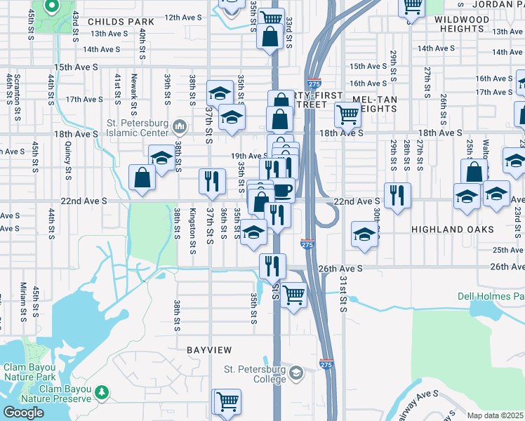 map of restaurants, bars, coffee shops, grocery stores, and more near 3425 22nd Avenue South in St. Petersburg