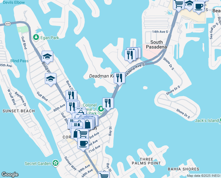 map of restaurants, bars, coffee shops, grocery stores, and more near 7871 Sailboat Key Boulevard South in South Pasadena