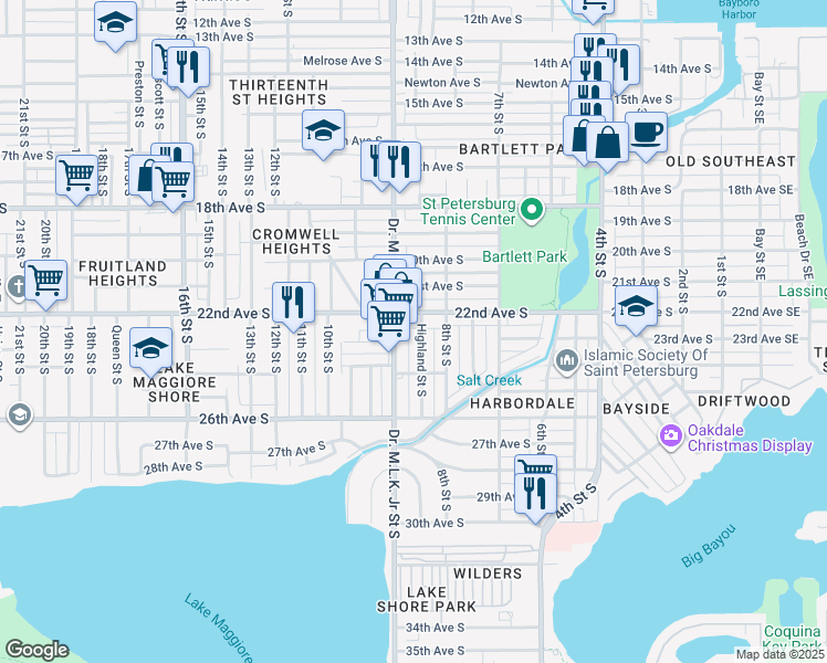 map of restaurants, bars, coffee shops, grocery stores, and more near 853 22nd Avenue South in St. Petersburg