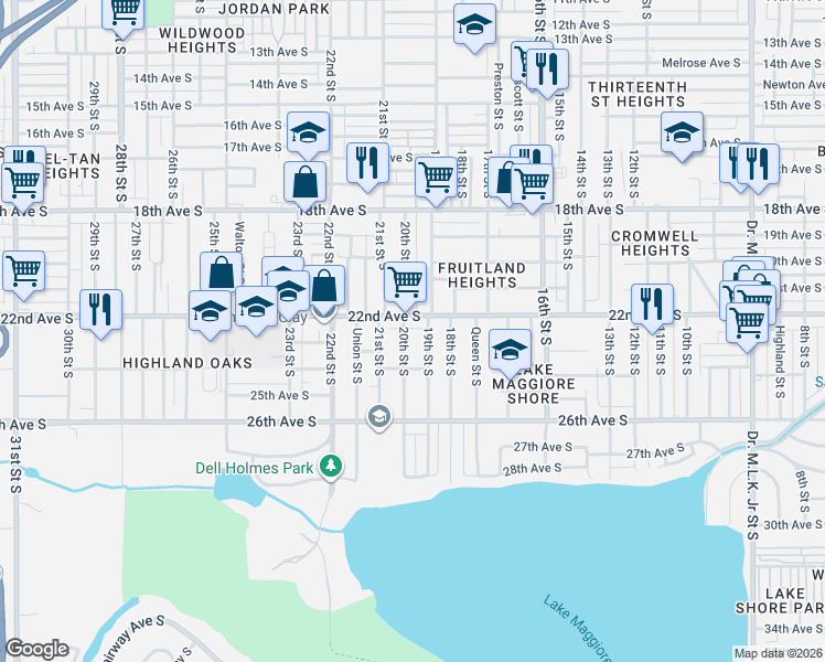 map of restaurants, bars, coffee shops, grocery stores, and more near 2025 22nd Avenue South in St. Petersburg