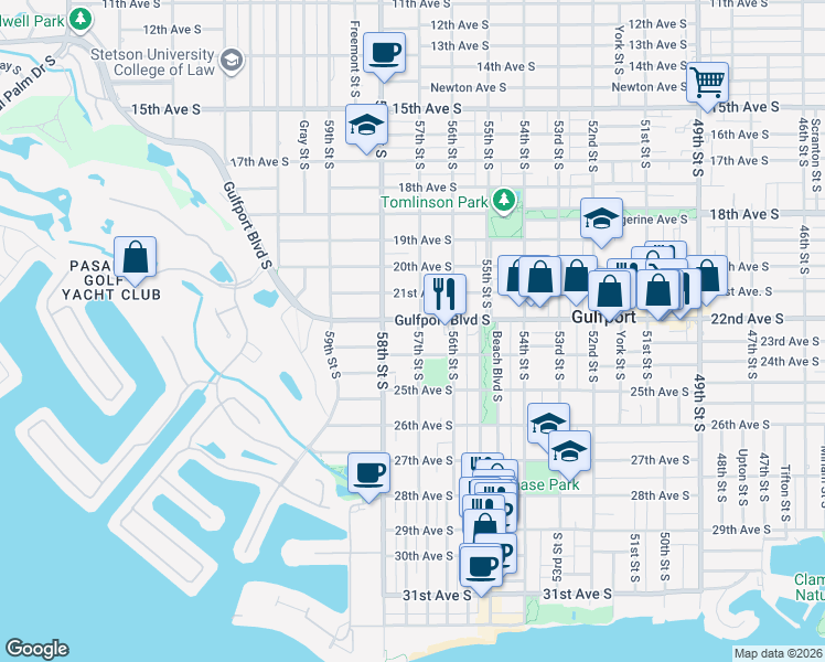 map of restaurants, bars, coffee shops, grocery stores, and more near 5702 Gulfport Boulevard South in Gulfport
