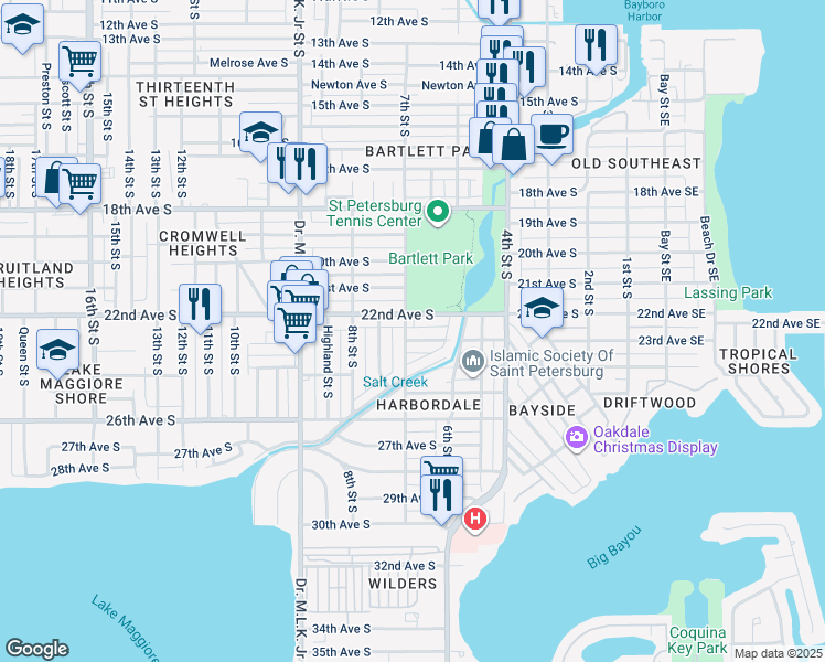 map of restaurants, bars, coffee shops, grocery stores, and more near 701 22nd Avenue South in St. Petersburg