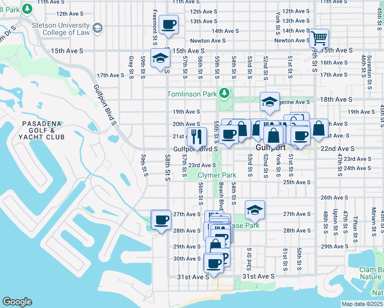 map of restaurants, bars, coffee shops, grocery stores, and more near 5617 Gulfport Boulevard South in Gulfport