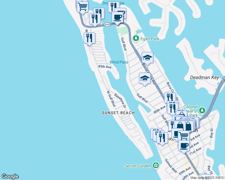 map of restaurants, bars, coffee shops, grocery stores, and more near 8455 Blind Pass Drive in Treasure Island