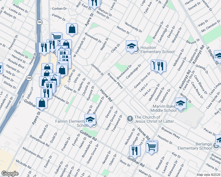 map of restaurants, bars, coffee shops, grocery stores, and more near 4017 Brentwood Drive in Corpus Christi