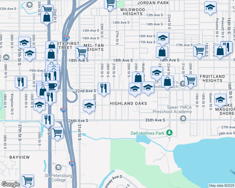 map of restaurants, bars, coffee shops, grocery stores, and more near 2216 27th Street South in Saint Petersburg