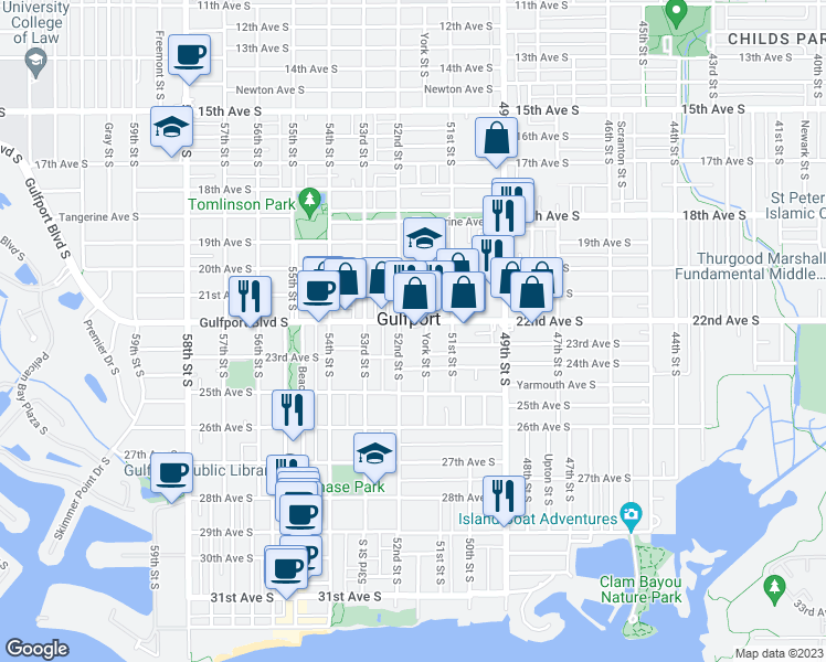 map of restaurants, bars, coffee shops, grocery stores, and more near 5146 Gulfport Boulevard South in Gulfport