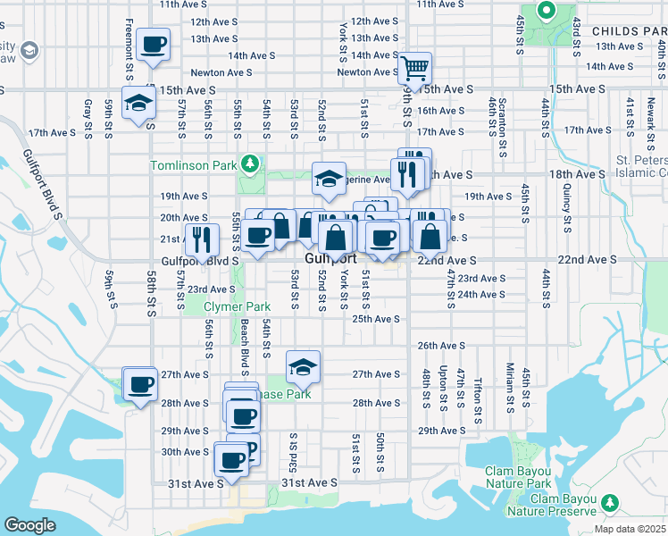 map of restaurants, bars, coffee shops, grocery stores, and more near 5142 Gulfport Boulevard South in Gulfport