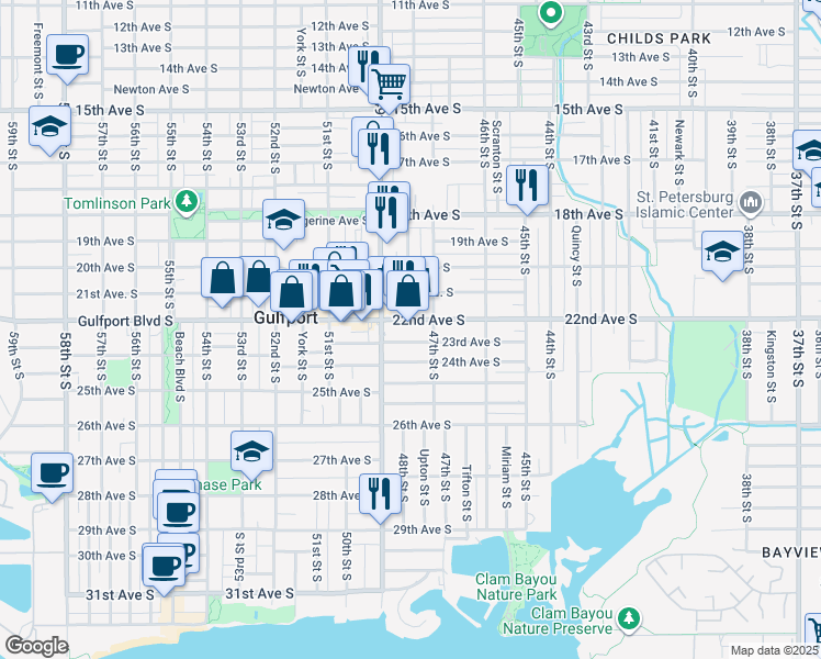 map of restaurants, bars, coffee shops, grocery stores, and more near 4701 22nd Avenue South in St. Petersburg
