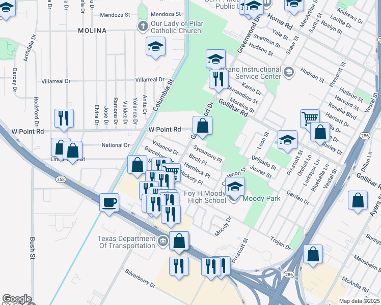 map of restaurants, bars, coffee shops, grocery stores, and more near 1614 Sycamore Place in Corpus Christi
