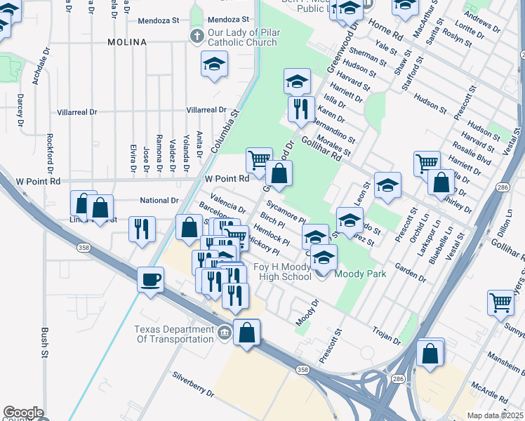 map of restaurants, bars, coffee shops, grocery stores, and more near 1614 Sycamore Place in Corpus Christi