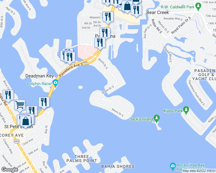 map of restaurants, bars, coffee shops, grocery stores, and more near 1898 Shore Drive South in South Pasadena