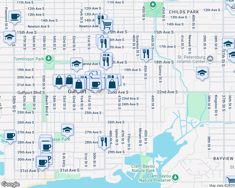 map of restaurants, bars, coffee shops, grocery stores, and more near 4701 22nd Avenue South in St. Petersburg