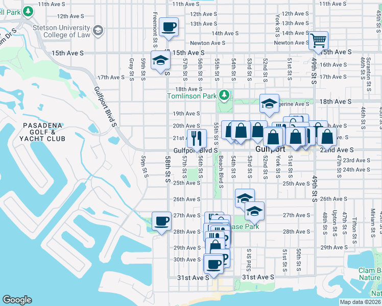 map of restaurants, bars, coffee shops, grocery stores, and more near 5617 Gulfport Boulevard South in Gulfport
