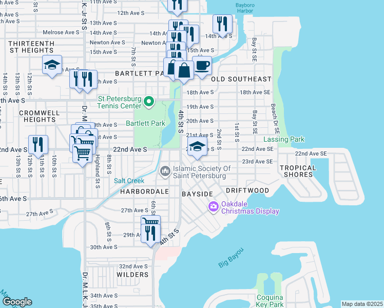 map of restaurants, bars, coffee shops, grocery stores, and more near 353 22nd Avenue South in St. Petersburg