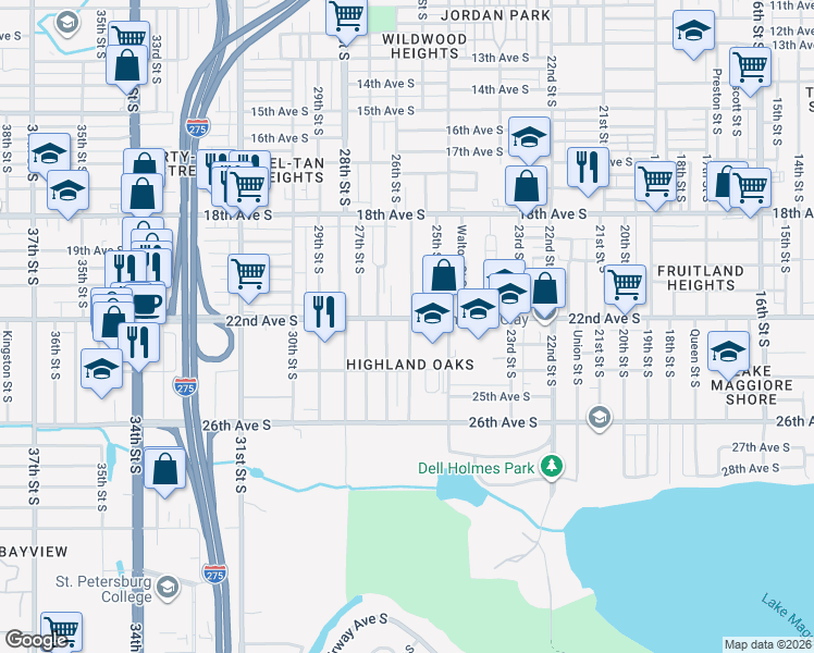 map of restaurants, bars, coffee shops, grocery stores, and more near 2501 22nd Avenue South in St. Petersburg