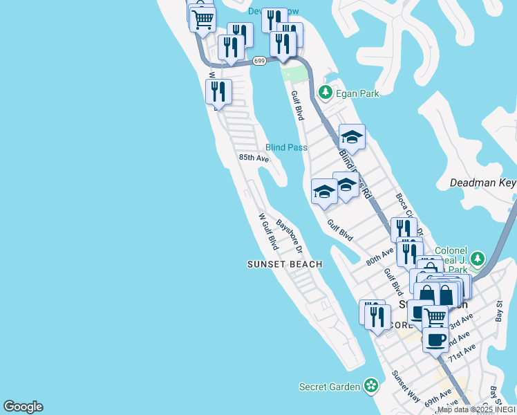 map of restaurants, bars, coffee shops, grocery stores, and more near 8455 Blind Pass Drive in Treasure Island