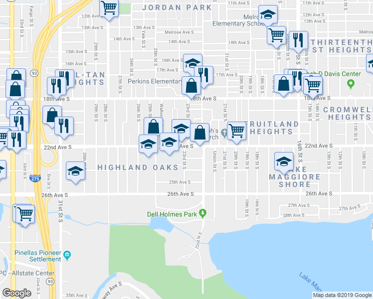map of restaurants, bars, coffee shops, grocery stores, and more near 2264 22nd Ave S in St Petersburg