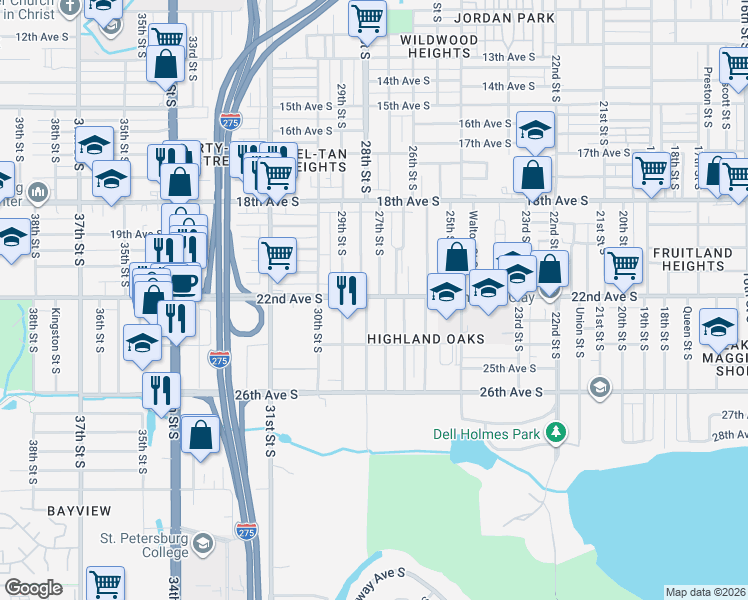 map of restaurants, bars, coffee shops, grocery stores, and more near 2721 22nd Avenue South in St. Petersburg