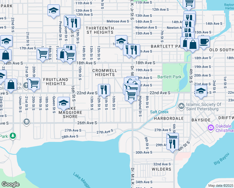 map of restaurants, bars, coffee shops, grocery stores, and more near 959 22nd Avenue South in St. Petersburg
