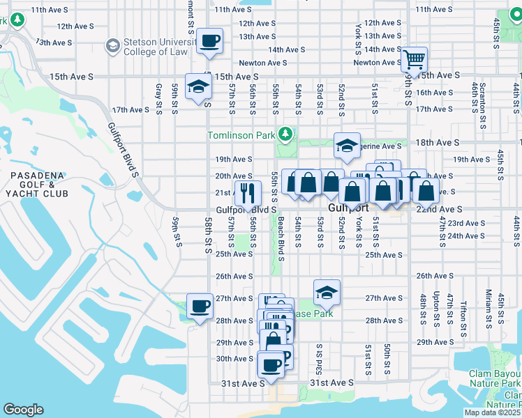 map of restaurants, bars, coffee shops, grocery stores, and more near 5511 Gulfport Boulevard South in Gulfport