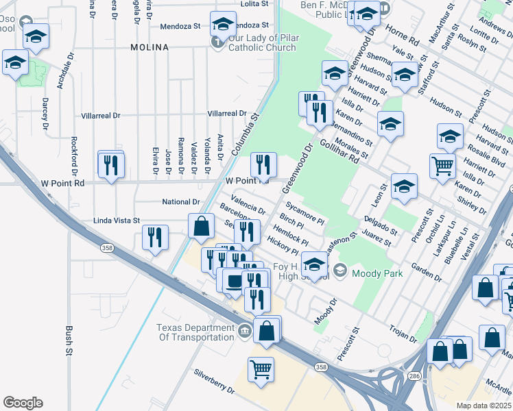 map of restaurants, bars, coffee shops, grocery stores, and more near 1434 Valencia Drive in Corpus Christi