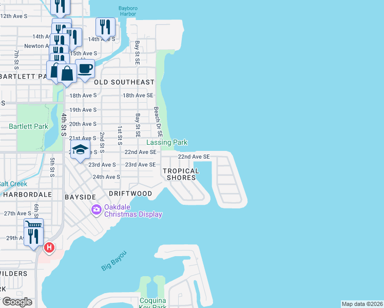 map of restaurants, bars, coffee shops, grocery stores, and more near 401 22nd Avenue Southeast in St. Petersburg