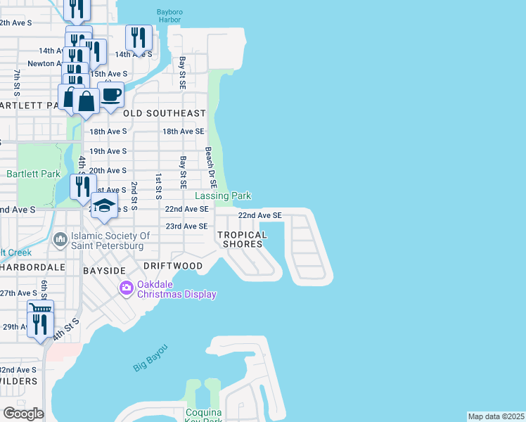 map of restaurants, bars, coffee shops, grocery stores, and more near 401 22nd Avenue Southeast in St. Petersburg