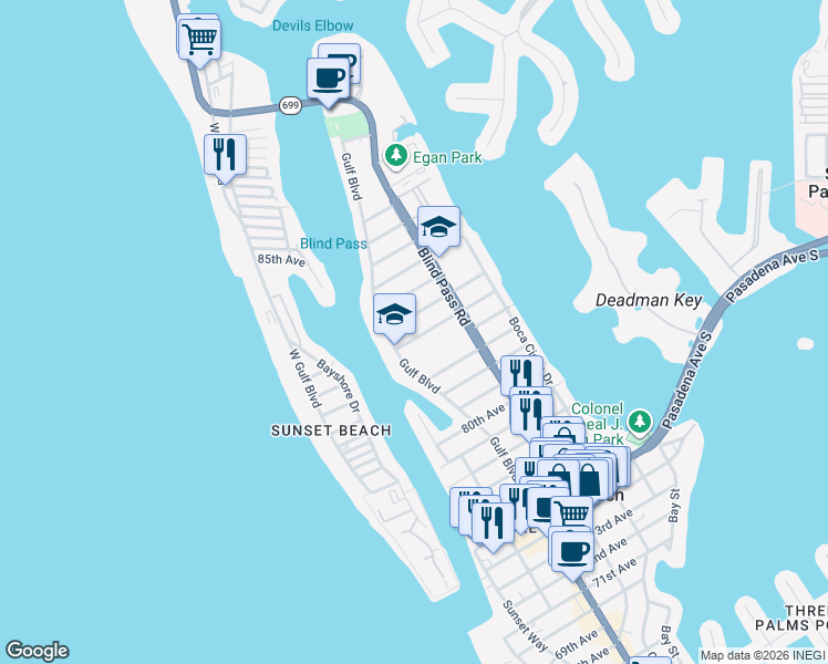 map of restaurants, bars, coffee shops, grocery stores, and more near 465 84th Ave in St Pete Beach