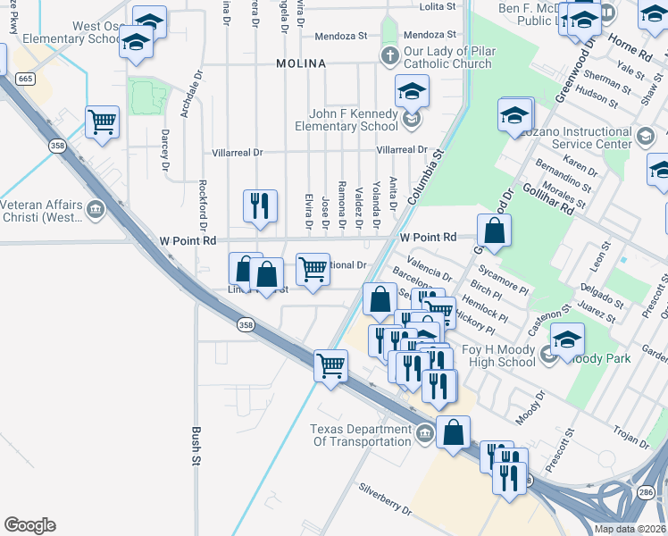 map of restaurants, bars, coffee shops, grocery stores, and more near 957 National Drive in Corpus Christi