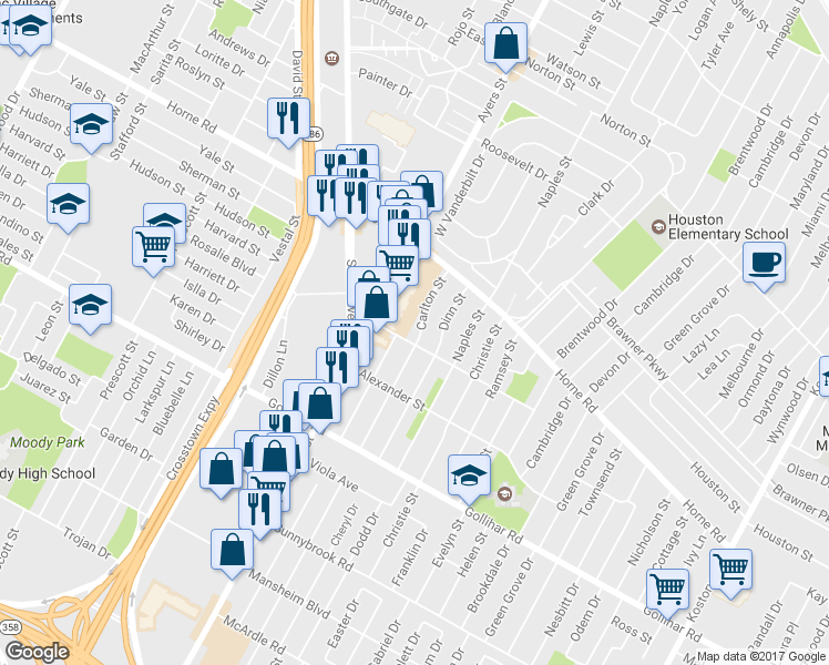 map of restaurants, bars, coffee shops, grocery stores, and more near 4225 Carlton Street in Corpus Christi