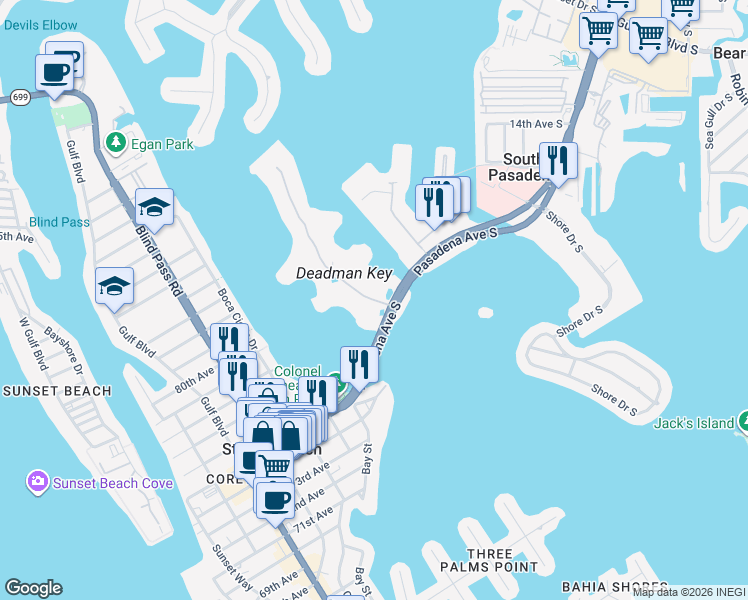 map of restaurants, bars, coffee shops, grocery stores, and more near 7871 Sailboat Key Boulevard South in South Pasadena