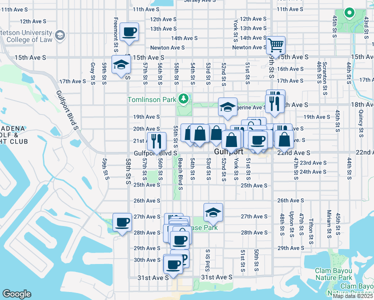 map of restaurants, bars, coffee shops, grocery stores, and more near 5409 Gulfport Boulevard South in Gulfport