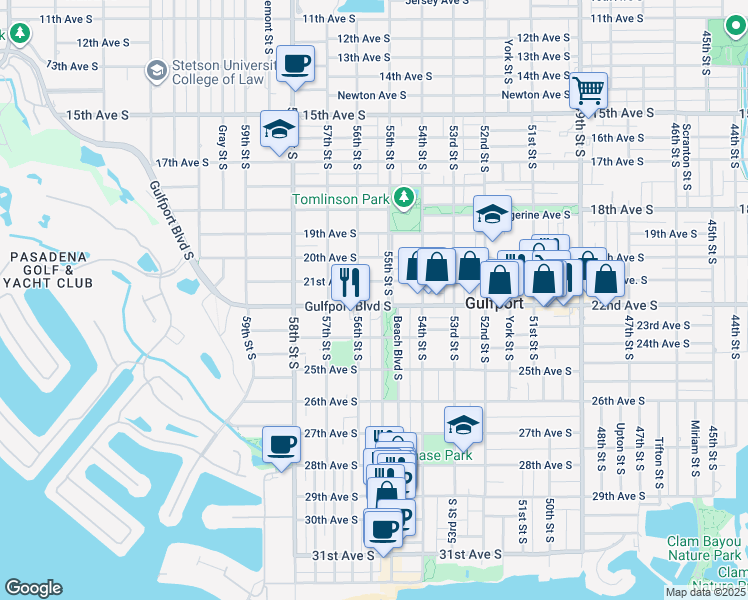 map of restaurants, bars, coffee shops, grocery stores, and more near 5511 Gulfport Boulevard South in Gulfport