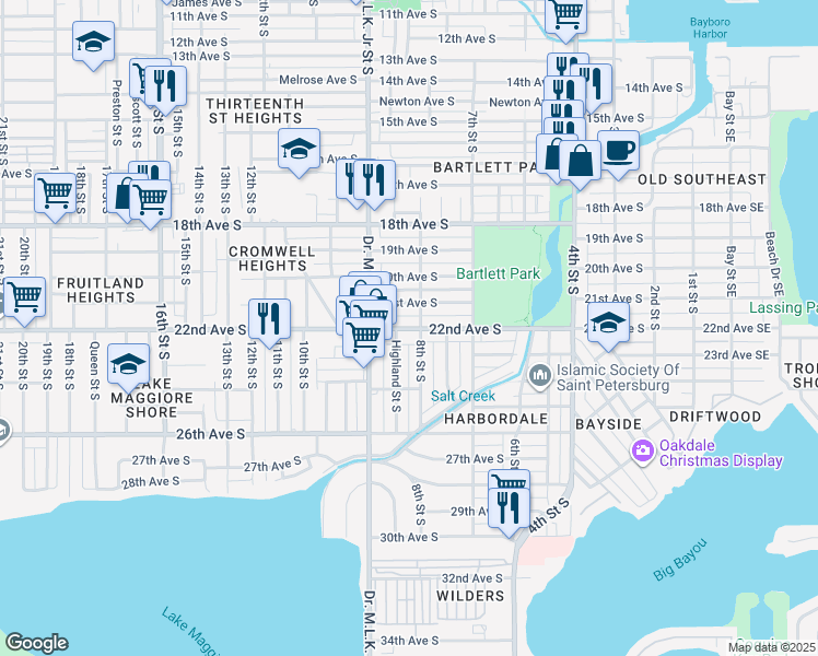 map of restaurants, bars, coffee shops, grocery stores, and more near 853 22nd Avenue South in St. Petersburg