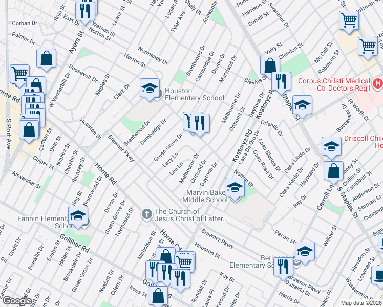 map of restaurants, bars, coffee shops, grocery stores, and more near 1512 Melbourne Drive in Corpus Christi