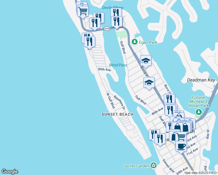 map of restaurants, bars, coffee shops, grocery stores, and more near 8455 Blind Pass Drive in Treasure Island