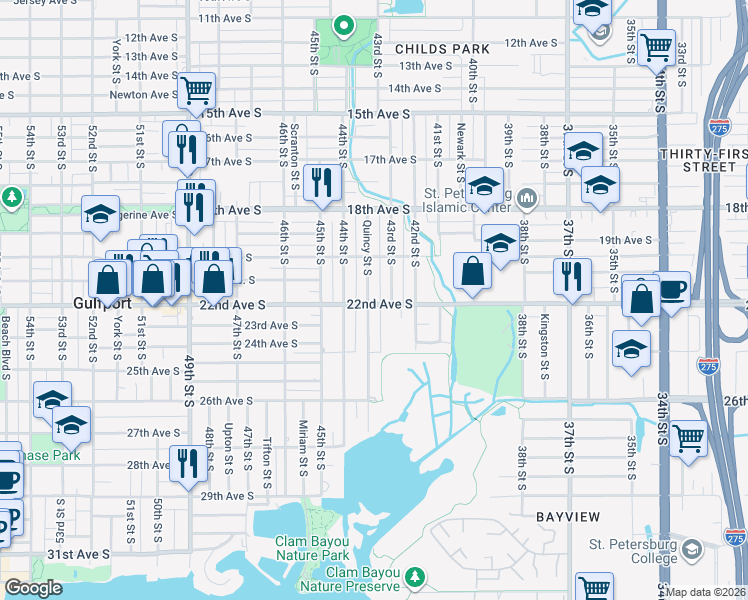 map of restaurants, bars, coffee shops, grocery stores, and more near 4331 22nd Avenue South in Saint Petersburg