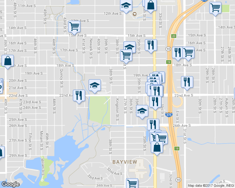 map of restaurants, bars, coffee shops, grocery stores, and more near 3731 22nd Avenue South in Saint Petersburg