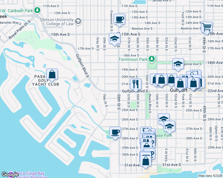 map of restaurants, bars, coffee shops, grocery stores, and more near 5821 Gulfport Boulevard South in Gulfport