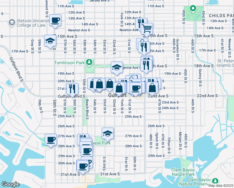 map of restaurants, bars, coffee shops, grocery stores, and more near in Gulfport