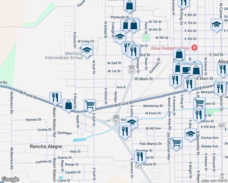 map of restaurants, bars, coffee shops, grocery stores, and more near 801 Avenue B in Alice
