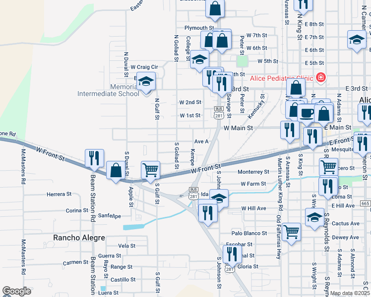 map of restaurants, bars, coffee shops, grocery stores, and more near 801 Avenue B in Alice