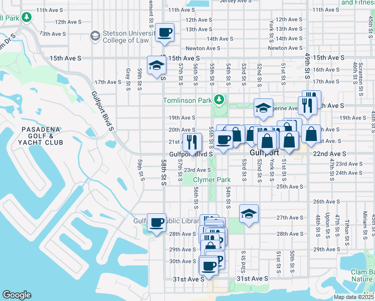 map of restaurants, bars, coffee shops, grocery stores, and more near 5617 Gulfport Boulevard South in Gulfport