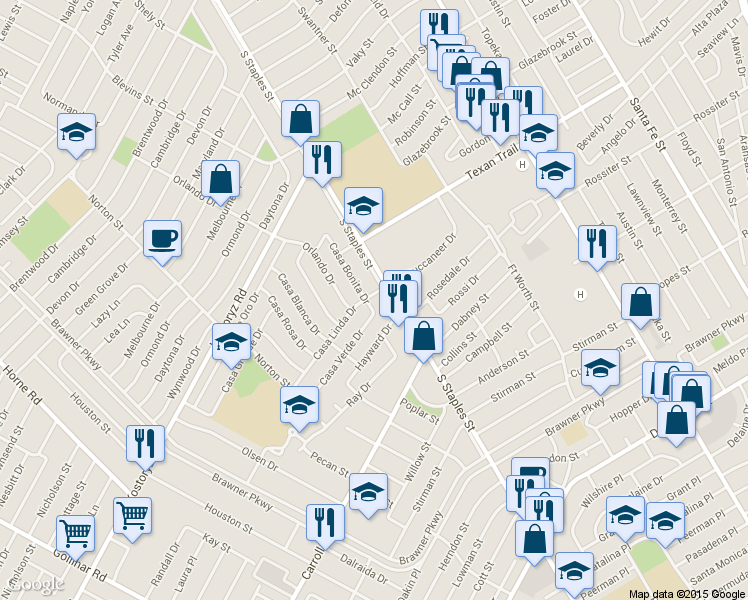 map of restaurants, bars, coffee shops, grocery stores, and more near 3402 Casa Bonita Drive in Corpus Christi