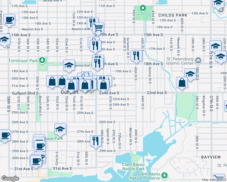 map of restaurants, bars, coffee shops, grocery stores, and more near 4601 22nd Avenue South in St. Petersburg